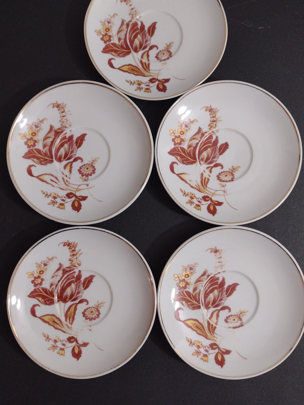 White Saucer Set with Rust Floral and Gold Trim